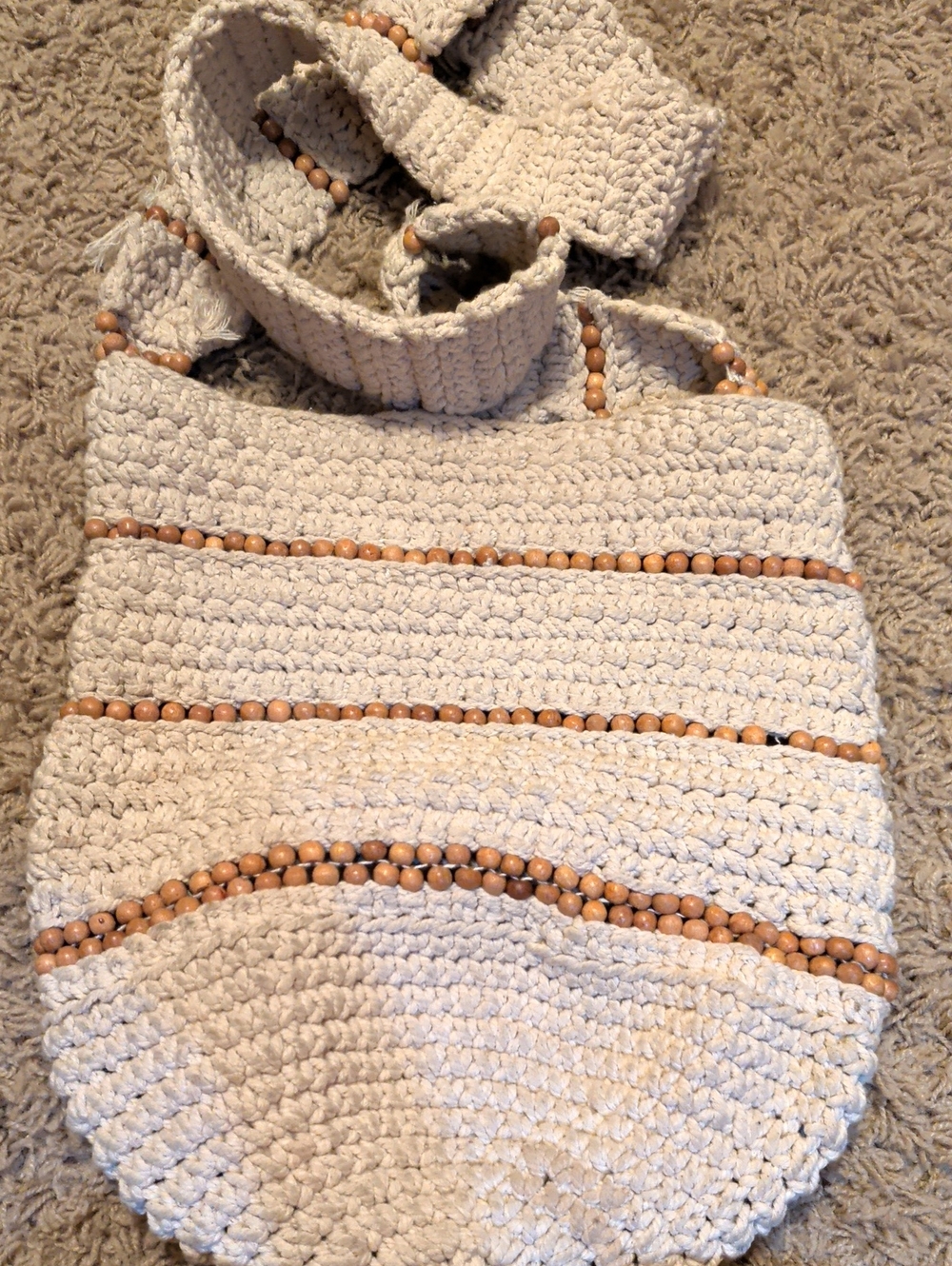 Free People Cream Crochet Bag with Wooden Bead Accents